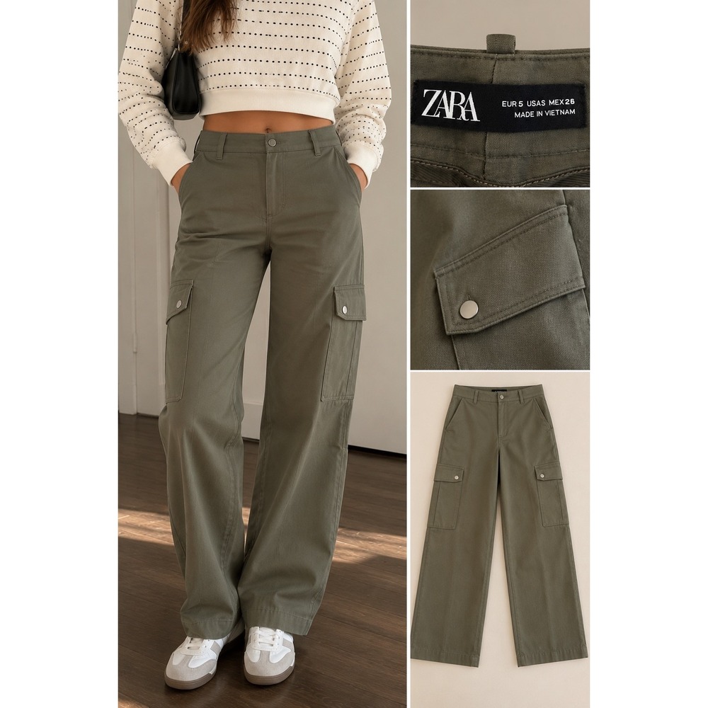 Zara Womens Olive Green High Waisted Cargo Pants Straight Leg Size Small US 4